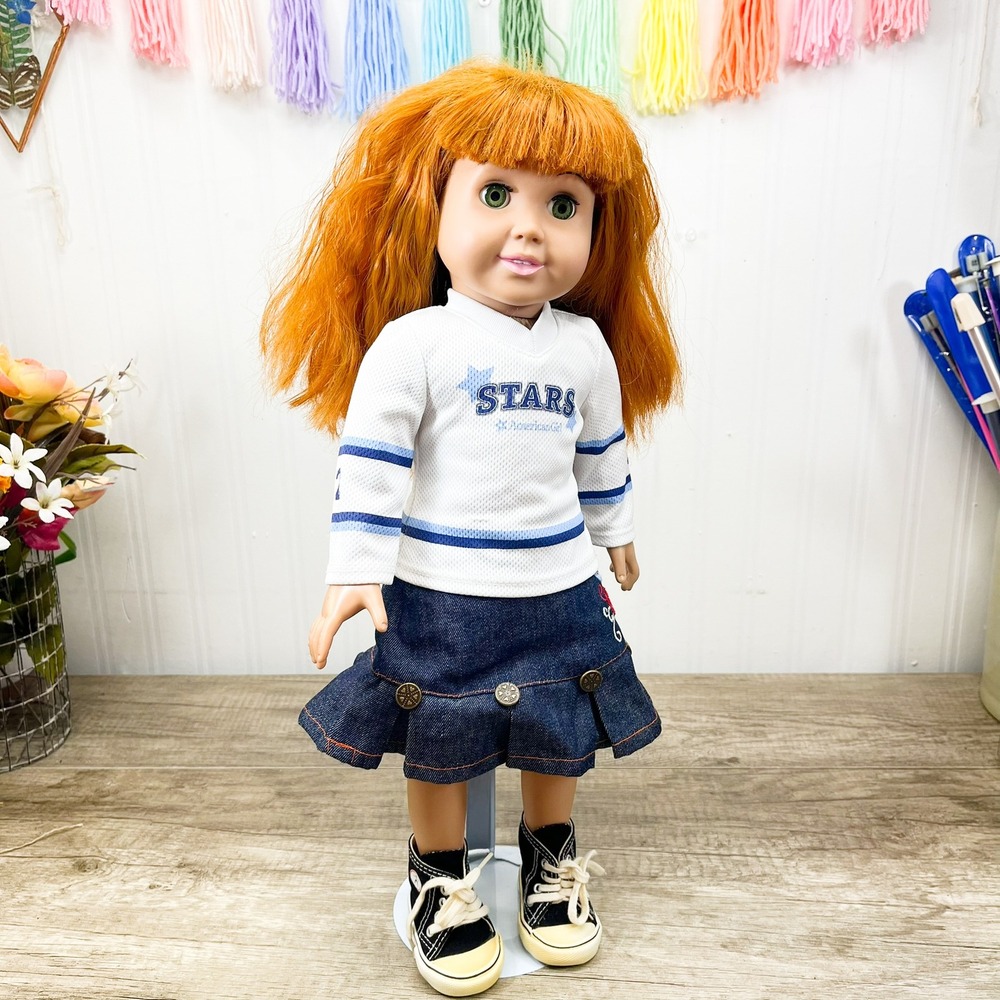 FCM 18 Inch Red Hair Green Eyes American Girl Stars Jersey Denim Skirt Sneakers